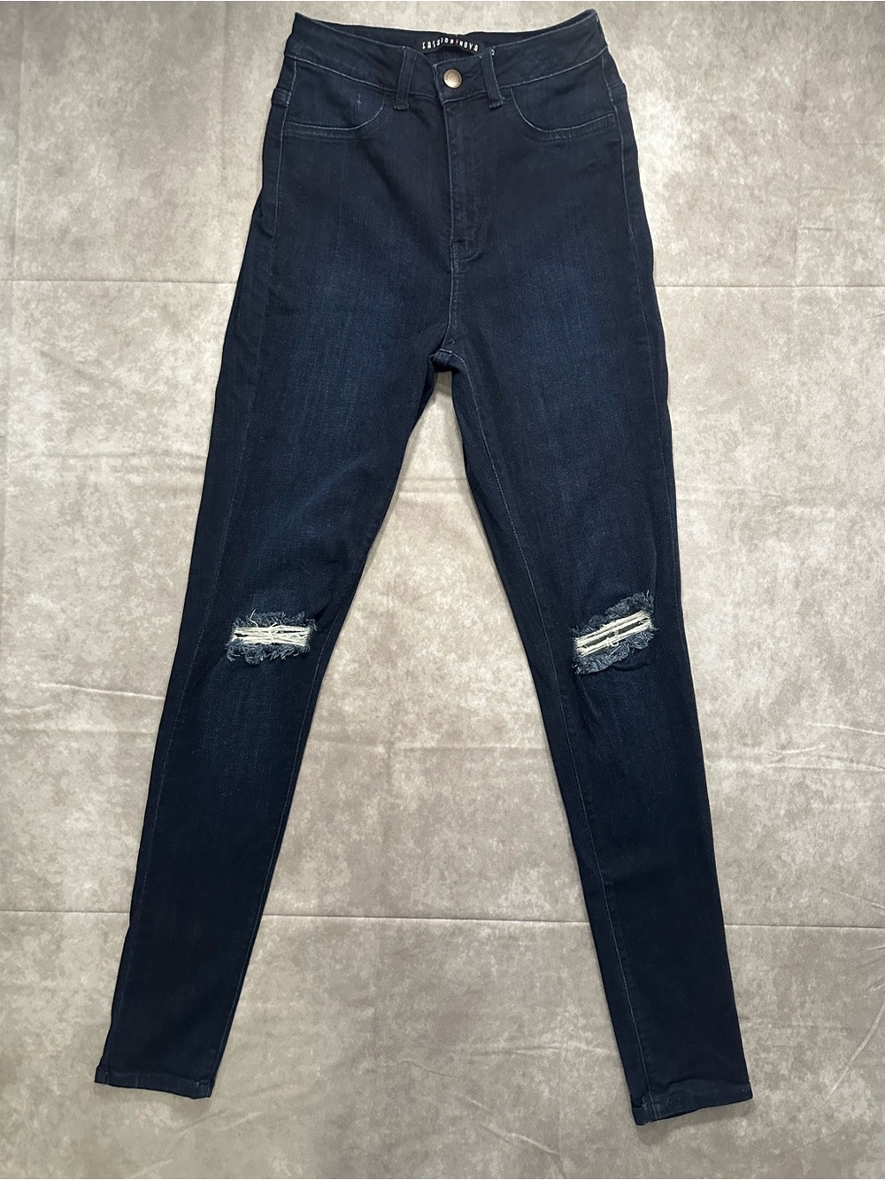 Fashion Nova Dark Indigo High-Rise Skinny Jeans with Knee Rips